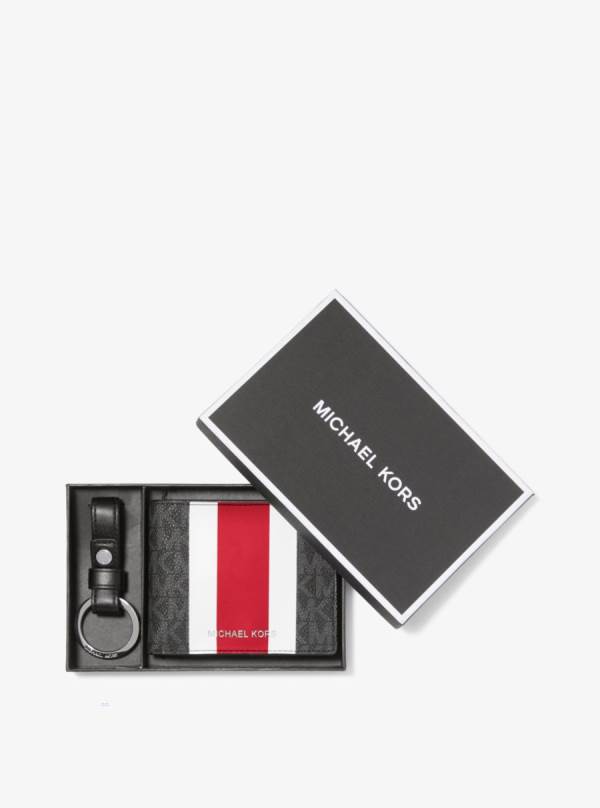 Panske Penazenky Michael Kors Logo Stripe Billfold and Keychain Gift Set Svetlo Červené - Doplnky Michael Kors Nejlevnejsi | CULGD-2956